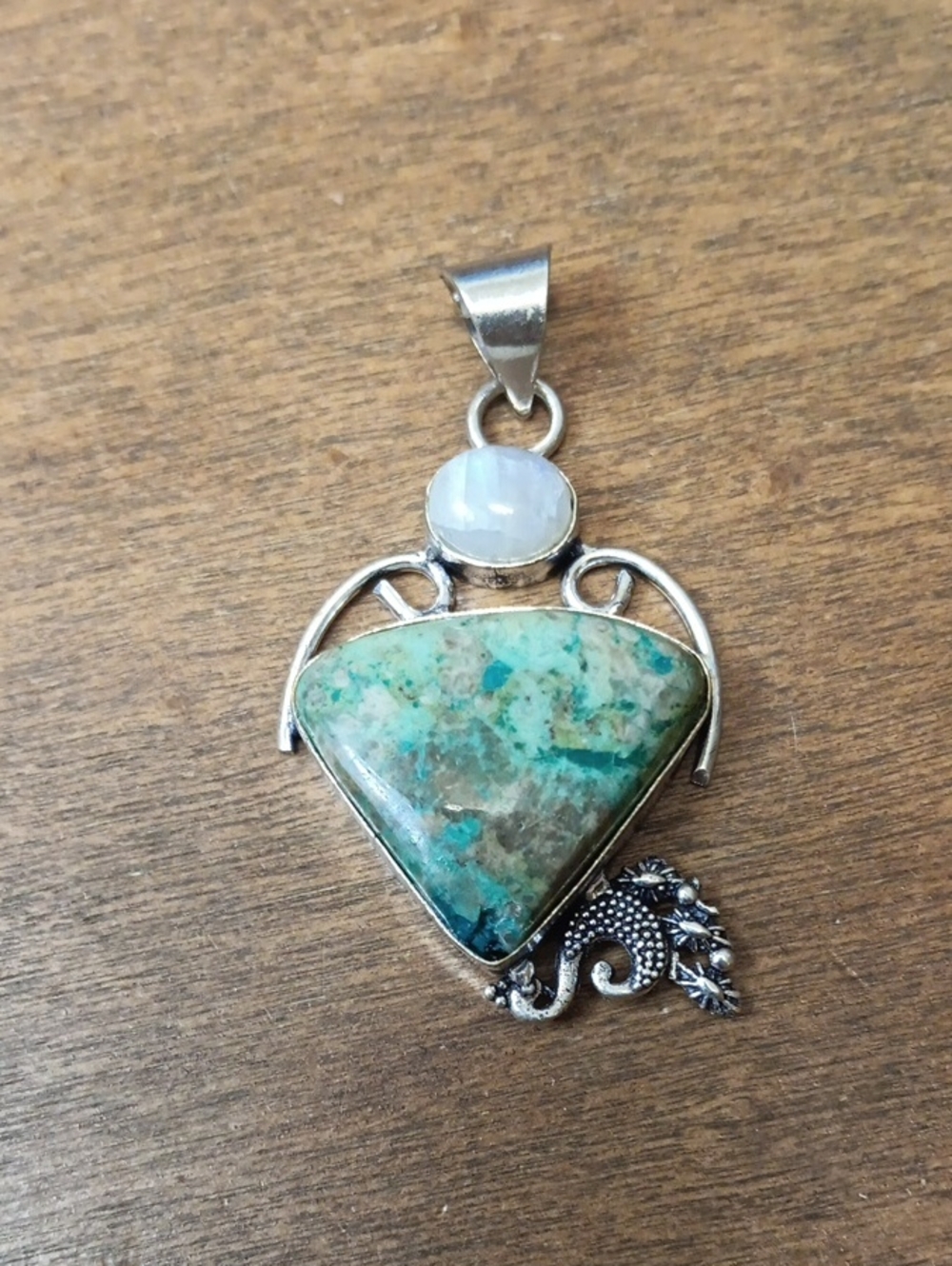 Chrysaprase & Moonstone Pendant Necklace - Green Blue Gemstone